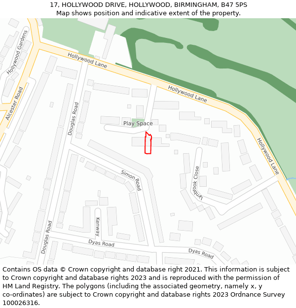 17, HOLLYWOOD DRIVE, HOLLYWOOD, BIRMINGHAM, B47 5PS: Location map and indicative extent of plot