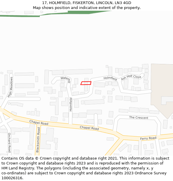 17, HOLMFIELD, FISKERTON, LINCOLN, LN3 4GD: Location map and indicative extent of plot