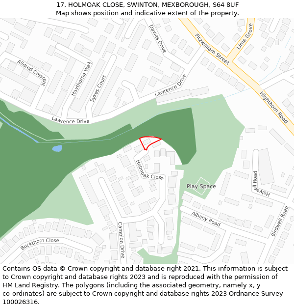 17, HOLMOAK CLOSE, SWINTON, MEXBOROUGH, S64 8UF: Location map and indicative extent of plot