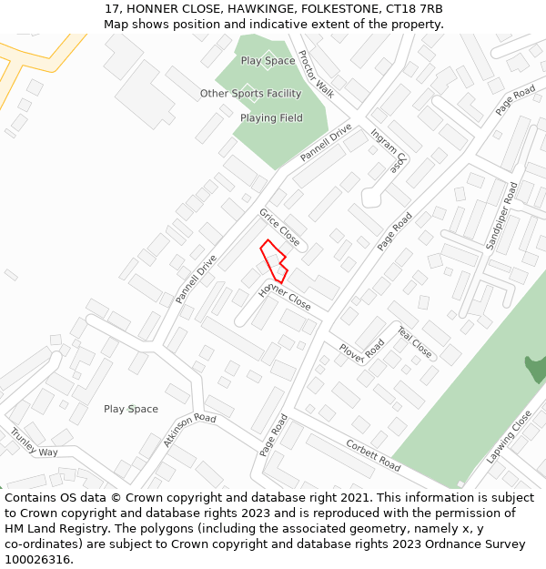 17, HONNER CLOSE, HAWKINGE, FOLKESTONE, CT18 7RB: Location map and indicative extent of plot