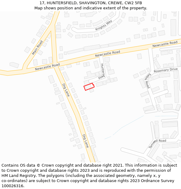 17, HUNTERSFIELD, SHAVINGTON, CREWE, CW2 5FB: Location map and indicative extent of plot