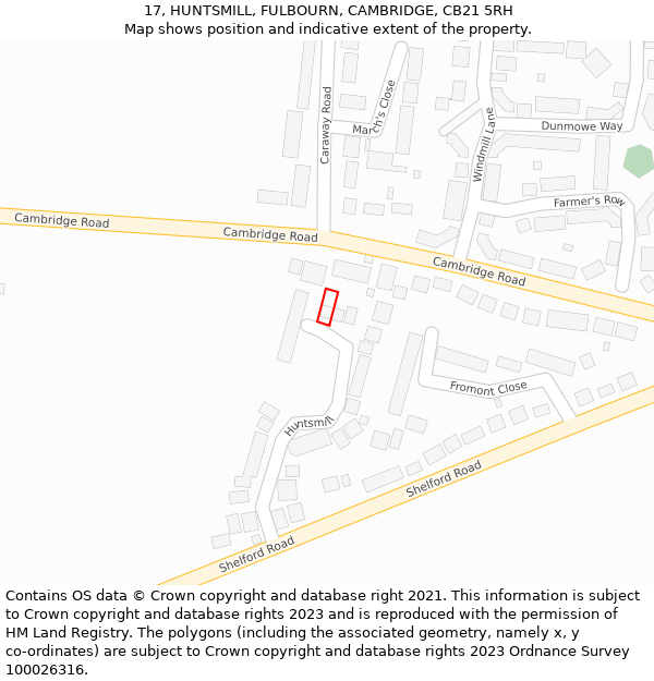 17, HUNTSMILL, FULBOURN, CAMBRIDGE, CB21 5RH: Location map and indicative extent of plot