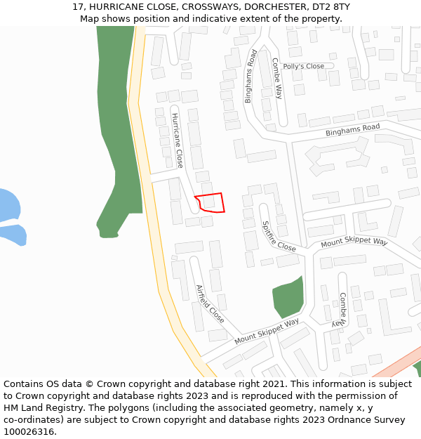 17, HURRICANE CLOSE, CROSSWAYS, DORCHESTER, DT2 8TY: Location map and indicative extent of plot
