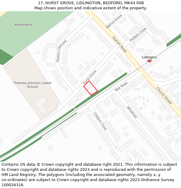 17, HURST GROVE, LIDLINGTON, BEDFORD, MK43 0SB: Location map and indicative extent of plot