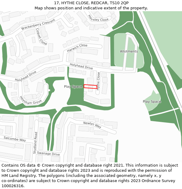 17, HYTHE CLOSE, REDCAR, TS10 2QP: Location map and indicative extent of plot