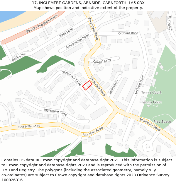 17, INGLEMERE GARDENS, ARNSIDE, CARNFORTH, LA5 0BX: Location map and indicative extent of plot