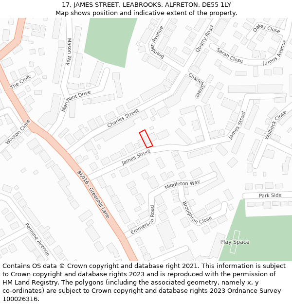 17, JAMES STREET, LEABROOKS, ALFRETON, DE55 1LY: Location map and indicative extent of plot