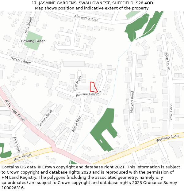 17, JASMINE GARDENS, SWALLOWNEST, SHEFFIELD, S26 4QD: Location map and indicative extent of plot