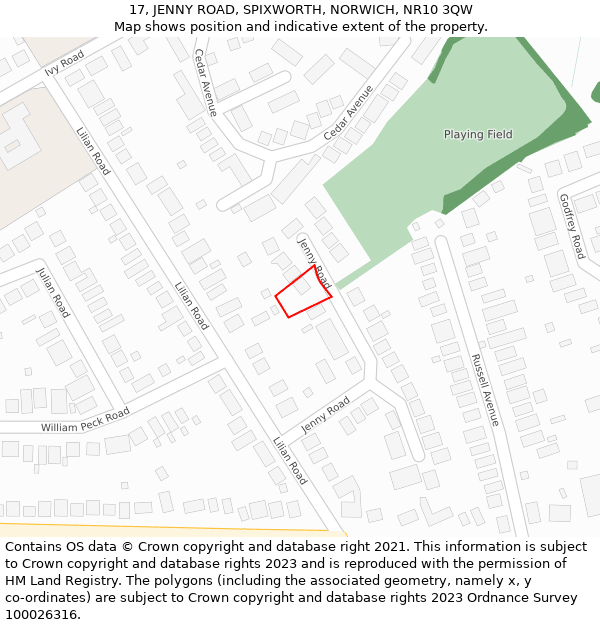 17, JENNY ROAD, SPIXWORTH, NORWICH, NR10 3QW: Location map and indicative extent of plot