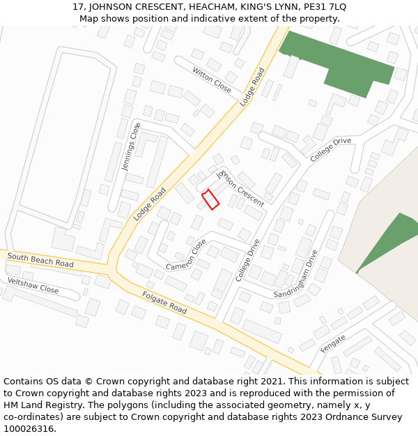 17, JOHNSON CRESCENT, HEACHAM, KING'S LYNN, PE31 7LQ: Location map and indicative extent of plot