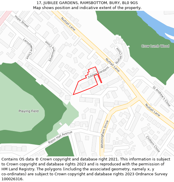 17, JUBILEE GARDENS, RAMSBOTTOM, BURY, BL0 9GS: Location map and indicative extent of plot
