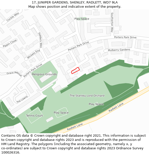 17, JUNIPER GARDENS, SHENLEY, RADLETT, WD7 9LA: Location map and indicative extent of plot