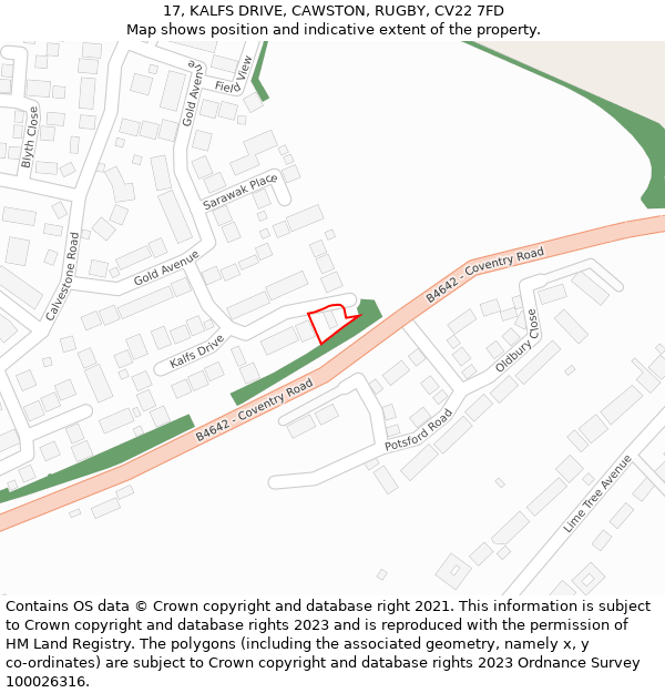 17, KALFS DRIVE, CAWSTON, RUGBY, CV22 7FD: Location map and indicative extent of plot