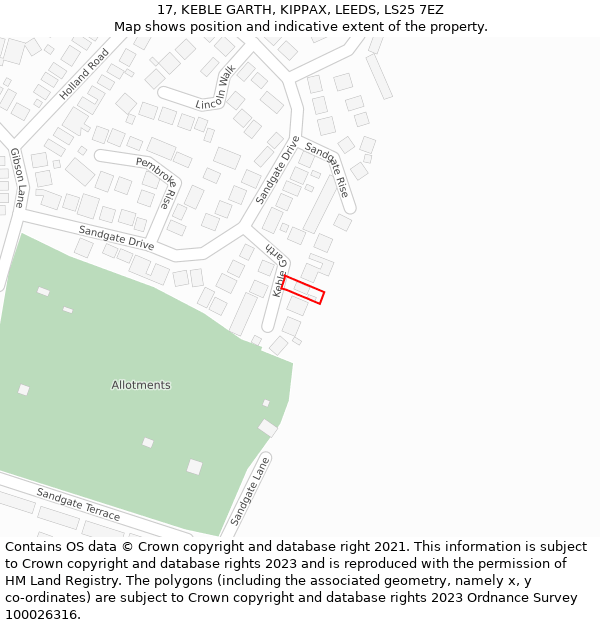 17, KEBLE GARTH, KIPPAX, LEEDS, LS25 7EZ: Location map and indicative extent of plot