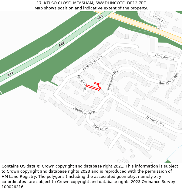 17, KELSO CLOSE, MEASHAM, SWADLINCOTE, DE12 7PE: Location map and indicative extent of plot