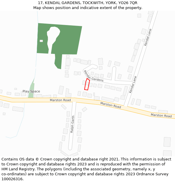 17, KENDAL GARDENS, TOCKWITH, YORK, YO26 7QR: Location map and indicative extent of plot