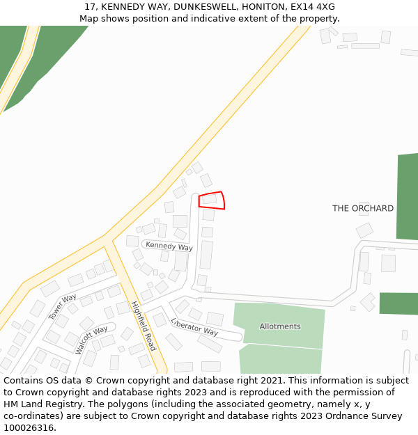 17, KENNEDY WAY, DUNKESWELL, HONITON, EX14 4XG: Location map and indicative extent of plot