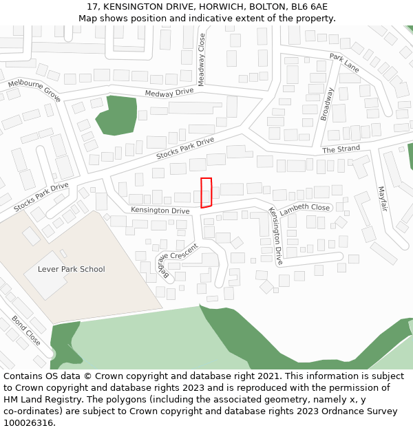 17, KENSINGTON DRIVE, HORWICH, BOLTON, BL6 6AE: Location map and indicative extent of plot