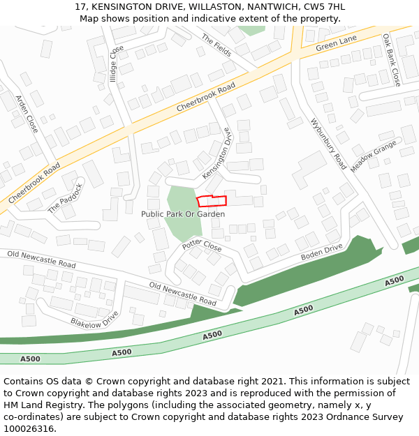 17, KENSINGTON DRIVE, WILLASTON, NANTWICH, CW5 7HL: Location map and indicative extent of plot