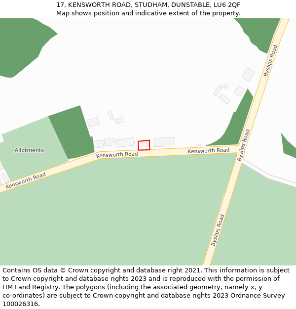 17, KENSWORTH ROAD, STUDHAM, DUNSTABLE, LU6 2QF: Location map and indicative extent of plot