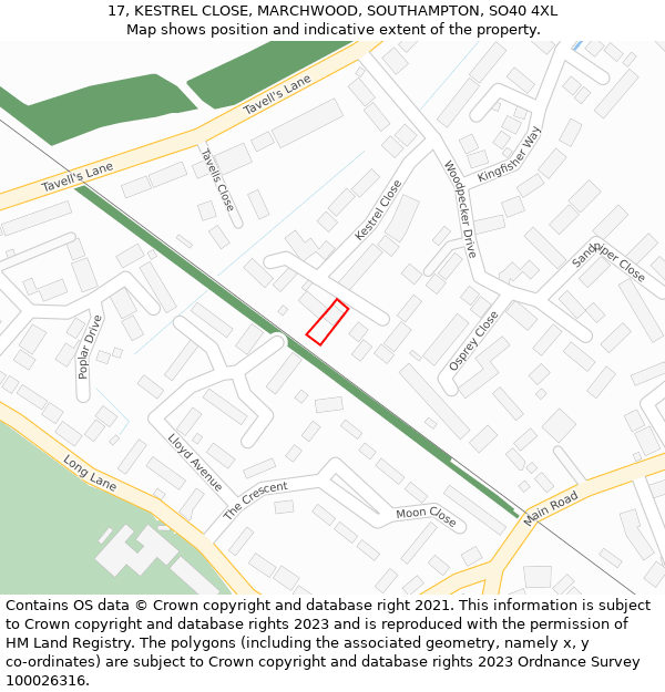 17, KESTREL CLOSE, MARCHWOOD, SOUTHAMPTON, SO40 4XL: Location map and indicative extent of plot