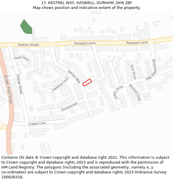 17, KESTREL WAY, HASWELL, DURHAM, DH6 2BF: Location map and indicative extent of plot