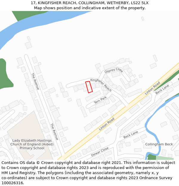 17, KINGFISHER REACH, COLLINGHAM, WETHERBY, LS22 5LX: Location map and indicative extent of plot