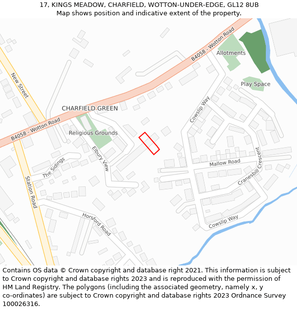 17, KINGS MEADOW, CHARFIELD, WOTTON-UNDER-EDGE, GL12 8UB: Location map and indicative extent of plot