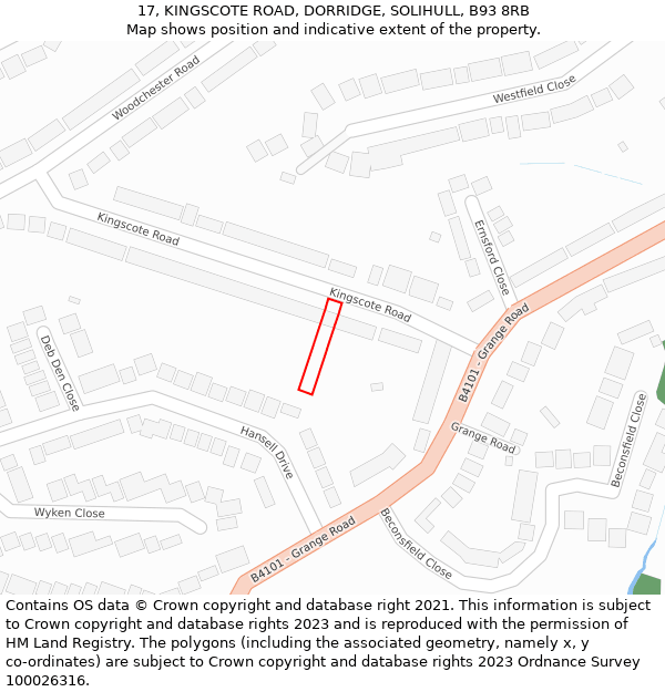 17, KINGSCOTE ROAD, DORRIDGE, SOLIHULL, B93 8RB: Location map and indicative extent of plot