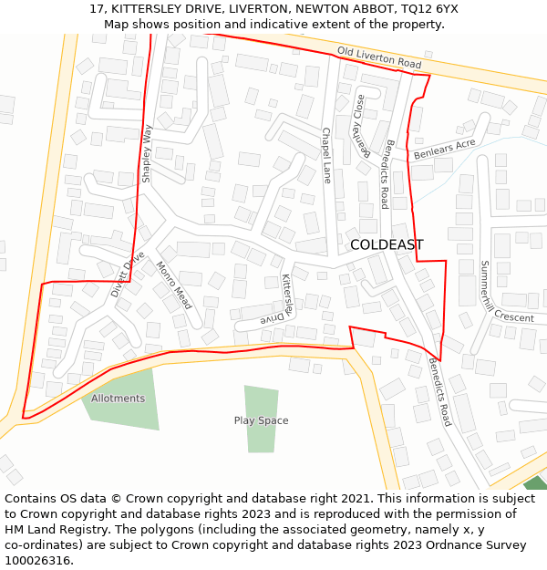 17, KITTERSLEY DRIVE, LIVERTON, NEWTON ABBOT, TQ12 6YX: Location map and indicative extent of plot