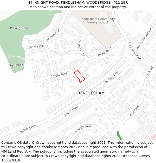 17, KNIGHT ROAD, RENDLESHAM, WOODBRIDGE, IP12 2GR: Location map and indicative extent of plot
