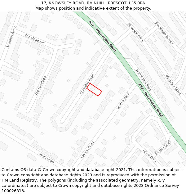 17, KNOWSLEY ROAD, RAINHILL, PRESCOT, L35 0PA: Location map and indicative extent of plot