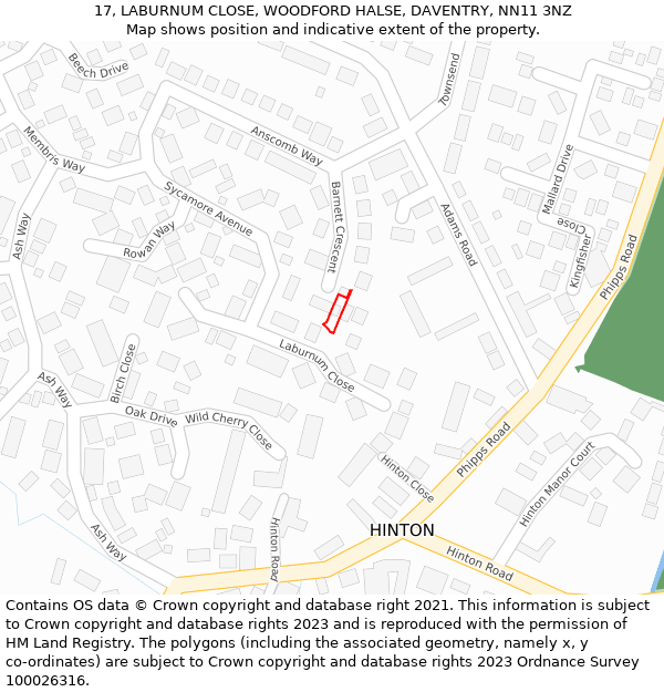 17, LABURNUM CLOSE, WOODFORD HALSE, DAVENTRY, NN11 3NZ: Location map and indicative extent of plot