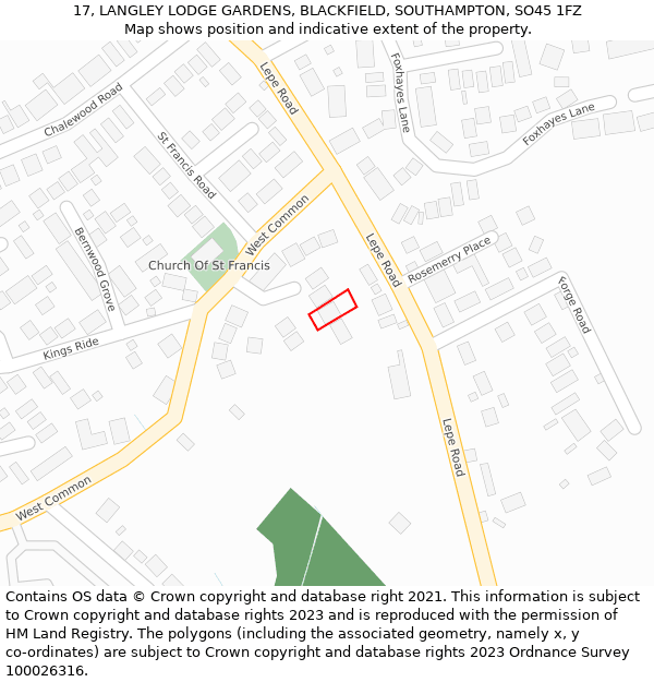 17, LANGLEY LODGE GARDENS, BLACKFIELD, SOUTHAMPTON, SO45 1FZ: Location map and indicative extent of plot