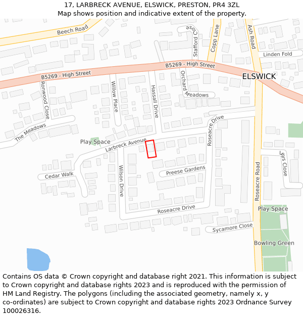 17, LARBRECK AVENUE, ELSWICK, PRESTON, PR4 3ZL: Location map and indicative extent of plot