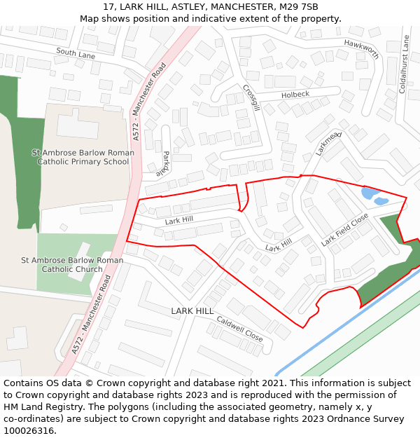 17, LARK HILL, ASTLEY, MANCHESTER, M29 7SB: Location map and indicative extent of plot