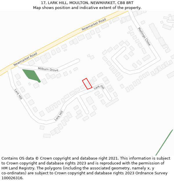 17, LARK HILL, MOULTON, NEWMARKET, CB8 8RT: Location map and indicative extent of plot