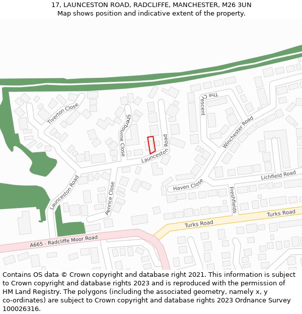 17, LAUNCESTON ROAD, RADCLIFFE, MANCHESTER, M26 3UN: Location map and indicative extent of plot