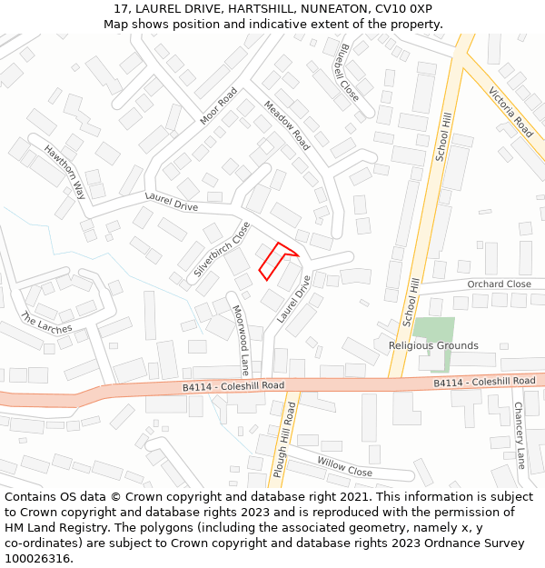 17, LAUREL DRIVE, HARTSHILL, NUNEATON, CV10 0XP: Location map and indicative extent of plot