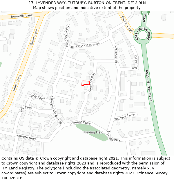 17, LAVENDER WAY, TUTBURY, BURTON-ON-TRENT, DE13 9LN: Location map and indicative extent of plot