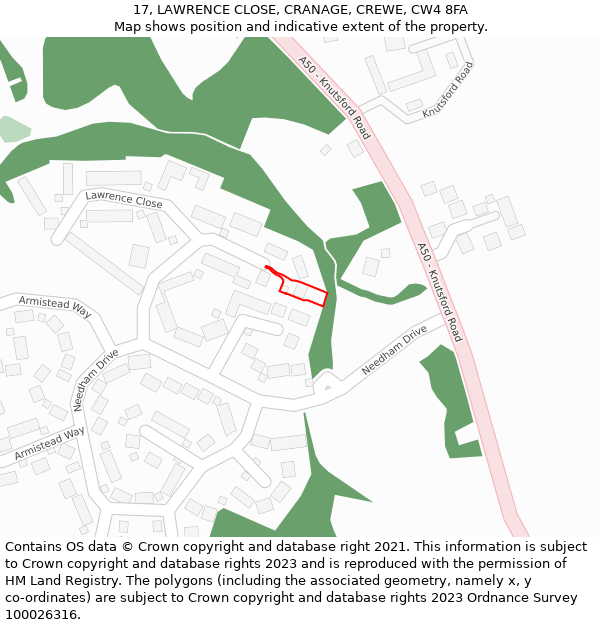 17, LAWRENCE CLOSE, CRANAGE, CREWE, CW4 8FA: Location map and indicative extent of plot