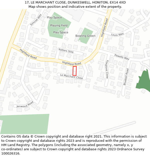 17, LE MARCHANT CLOSE, DUNKESWELL, HONITON, EX14 4XD: Location map and indicative extent of plot