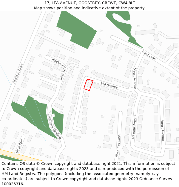 17, LEA AVENUE, GOOSTREY, CREWE, CW4 8LT: Location map and indicative extent of plot