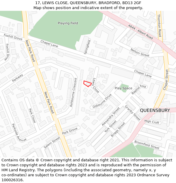 17, LEWIS CLOSE, QUEENSBURY, BRADFORD, BD13 2GF: Location map and indicative extent of plot