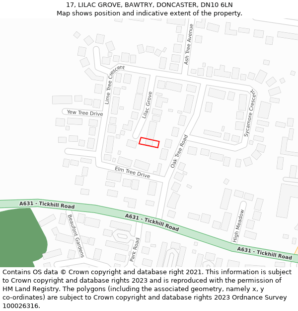 17, LILAC GROVE, BAWTRY, DONCASTER, DN10 6LN: Location map and indicative extent of plot