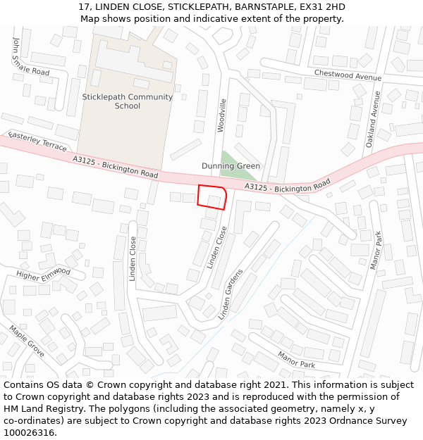 17, LINDEN CLOSE, STICKLEPATH, BARNSTAPLE, EX31 2HD: Location map and indicative extent of plot