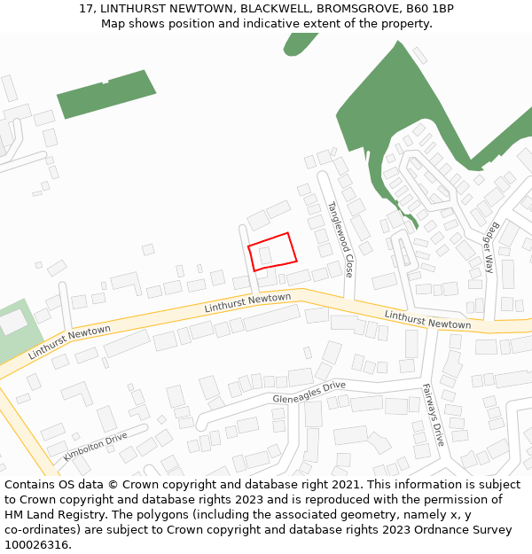 17, LINTHURST NEWTOWN, BLACKWELL, BROMSGROVE, B60 1BP: Location map and indicative extent of plot