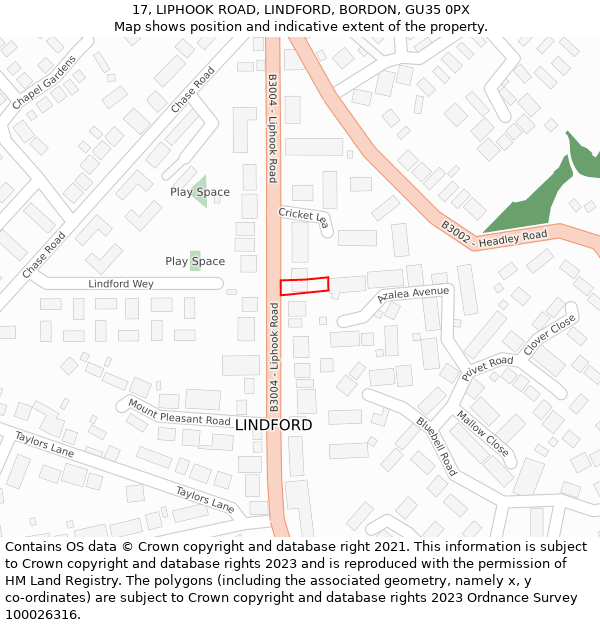 17, LIPHOOK ROAD, LINDFORD, BORDON, GU35 0PX: Location map and indicative extent of plot