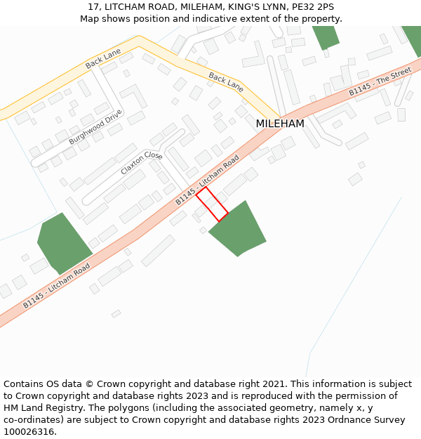 17, LITCHAM ROAD, MILEHAM, KING'S LYNN, PE32 2PS: Location map and indicative extent of plot