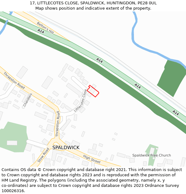 17, LITTLECOTES CLOSE, SPALDWICK, HUNTINGDON, PE28 0UL: Location map and indicative extent of plot